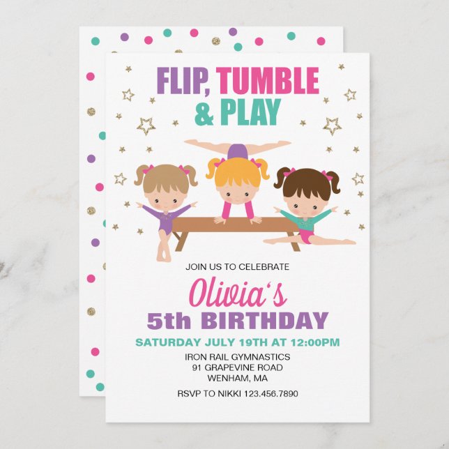 Gymnastics Pink Purple Turquoise Girl Birthday Invitation (Front/Back)