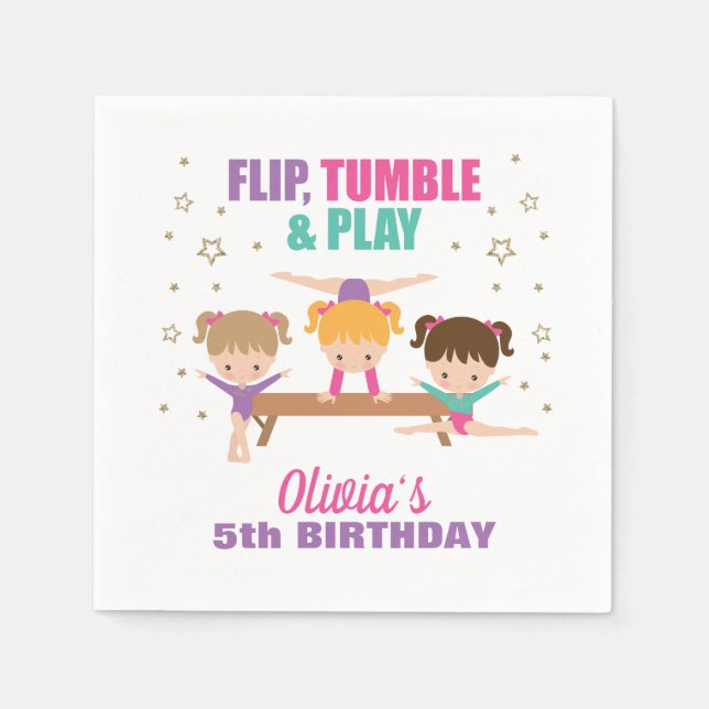 Gymnastics Pink Purple Turquoise Girl Birthday Napkins (Front)