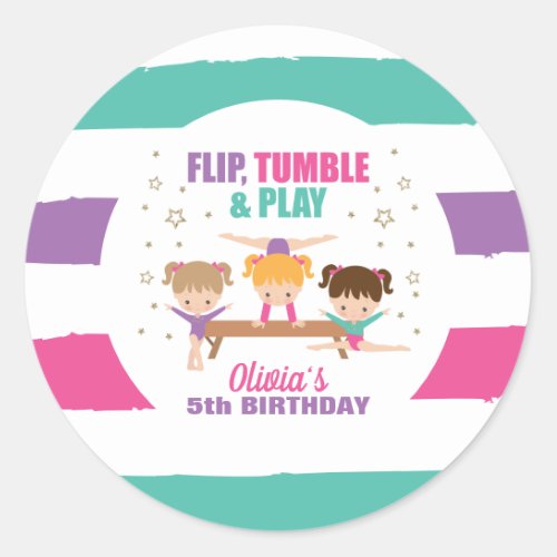 Gymnastics Pink Purple Turquoise Girl Birthday Pap Classic Round Sticker