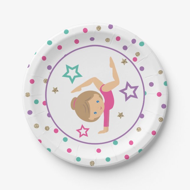 Gymnastics Pink Purple Turquoise Girl Birthday Pap Paper Plates (Front)