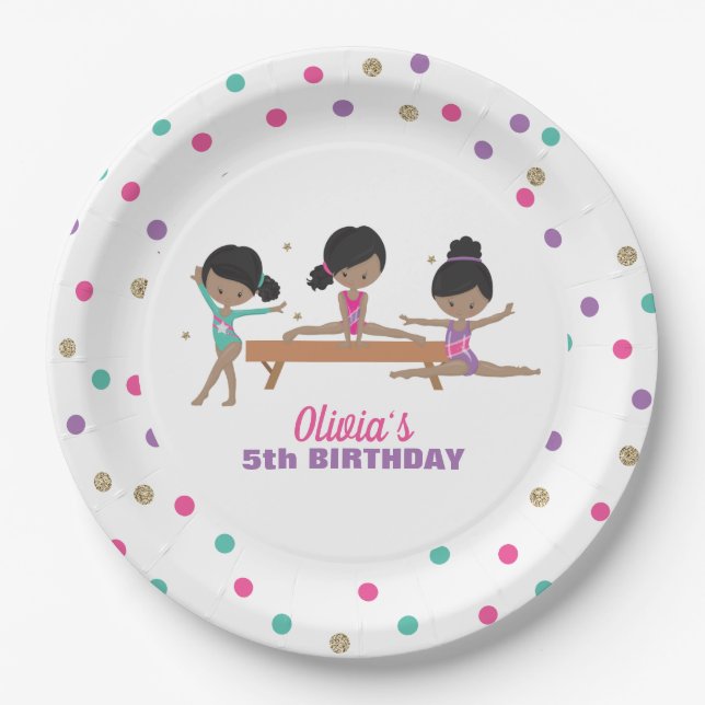 Gymnastics Pink Purple Turquoise Girl Birthday Pap Paper Plates (Front)