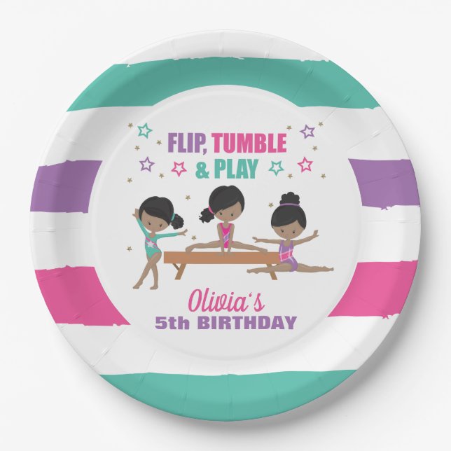 Gymnastics Pink Purple Turquoise Girl Birthday Pap Paper Plates (Front)