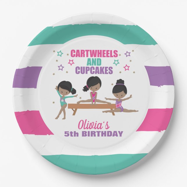 Gymnastics Pink Purple Turquoise Girl Birthday Pap Paper Plates (Front)