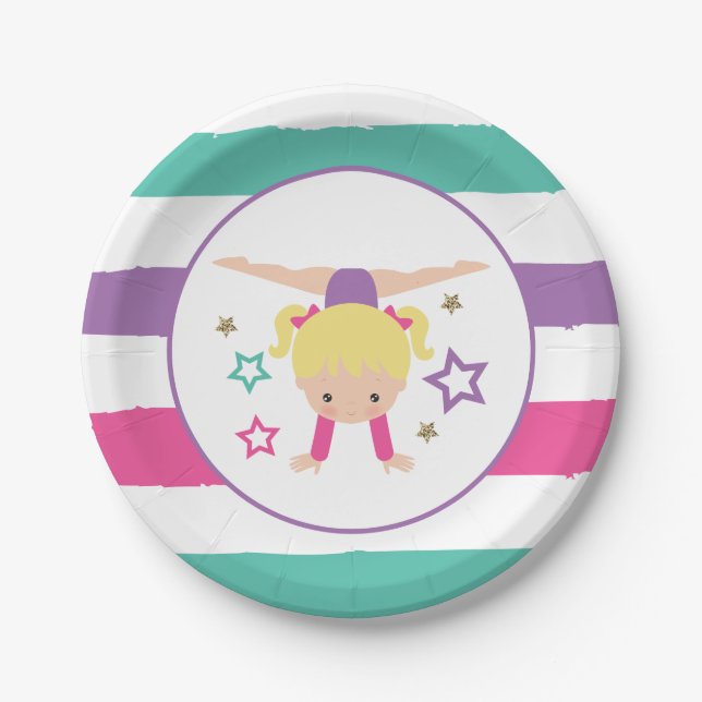 Gymnastics Pink Purple Turquoise Girl Birthday Pap Paper Plates (Front)