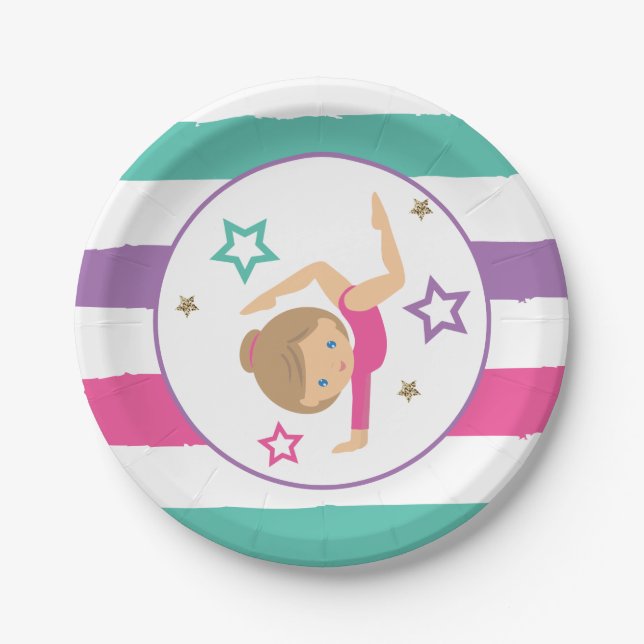 Gymnastics Pink Purple Turquoise Girl Birthday Pap Paper Plates (Front)