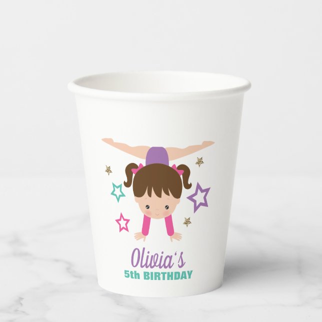 Gymnastics Pink Purple Turquoise Girl Birthday Paper Cups (Front)