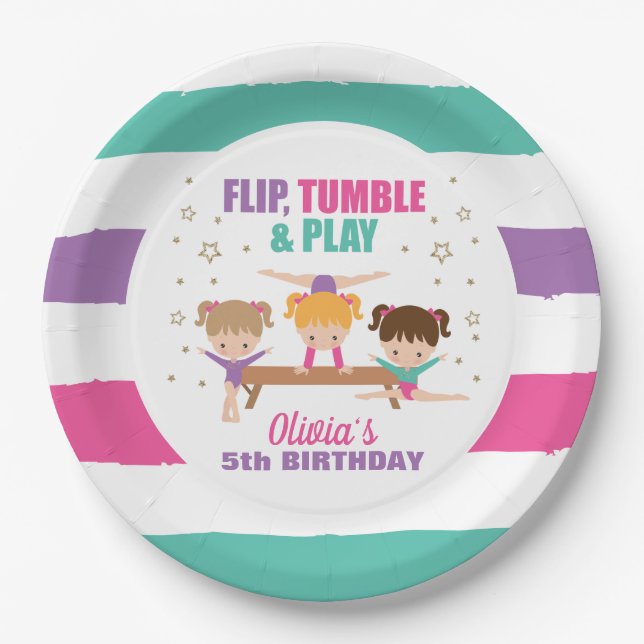 Gymnastics Pink Purple Turquoise Girl Birthday Paper Plates (Front)