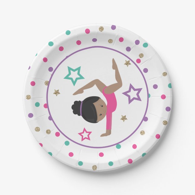 Gymnastics Pink Purple Turquoise Girl Birthday Paper Plates (Front)