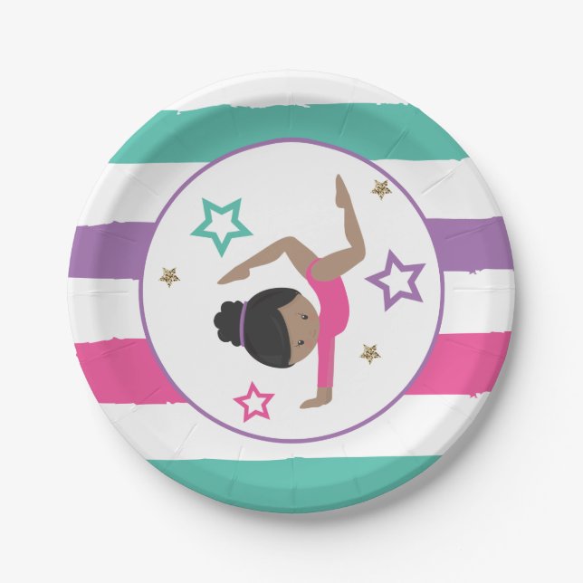 Gymnastics Pink Purple Turquoise Girl Birthday Paper Plates (Front)