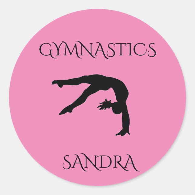 Gymnastics pink round stickers. Personalize name. Classic Round Sticker (Front)