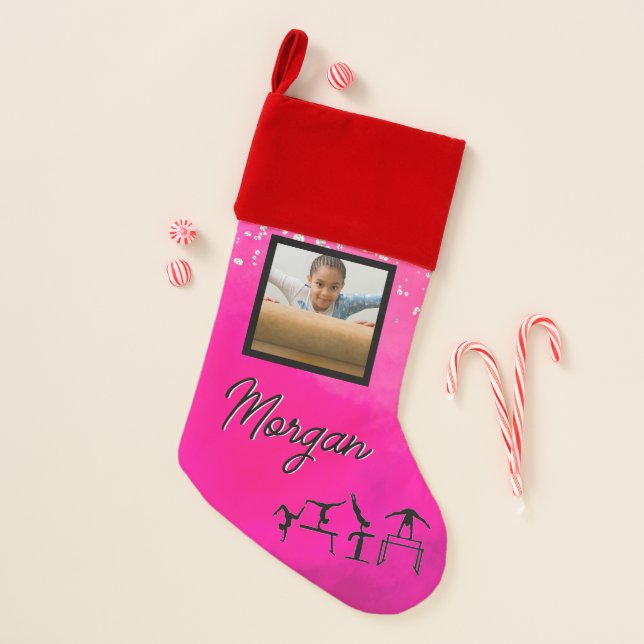 Gymnastics Pink, Silver, Glitter Custom Photo/Name Christmas Stocking (Front)