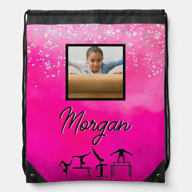 Gymnastics Pink, Silver, Glitter Custom Photo/Name Drawstring Bag (Front)
