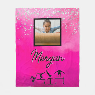 Gymnastics Pink, Silver, Glitter Custom Photo/Name Fleece Blanket