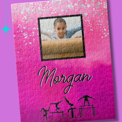 Gymnastics Pink Silver Glitter Custom PhotoName Jigsaw Puzzle