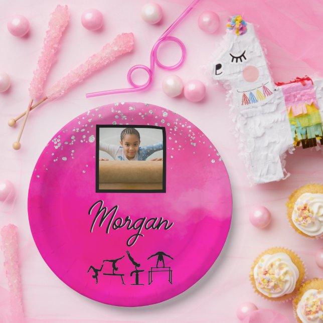 Gymnastics Pink, Silver, Glitter Custom Photo/Name Paper Plates (Party)