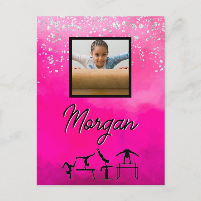 Gymnastics Pink, Silver, Glitter Custom Photo/Name Postcard (Front)