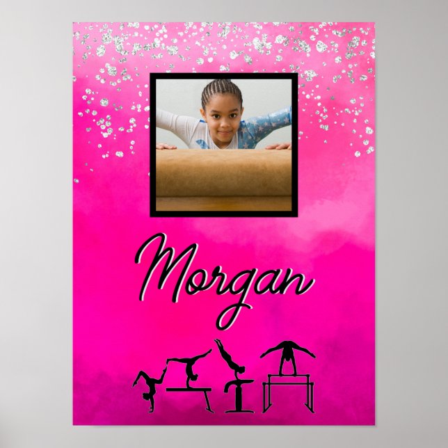 Gymnastics Pink, Silver, Glitter Custom Photo/Name Poster (Front)