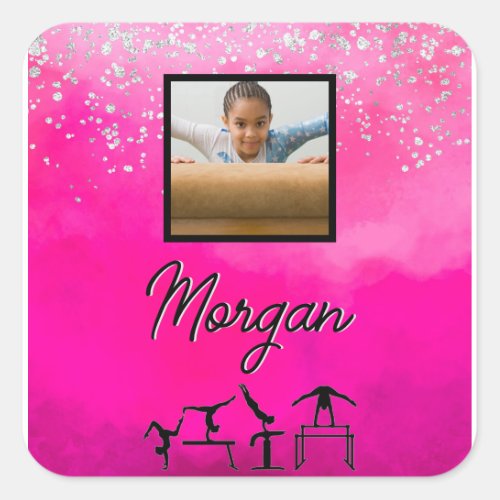 Gymnastics Pink Silver Glitter Custom PhotoName Square Sticker