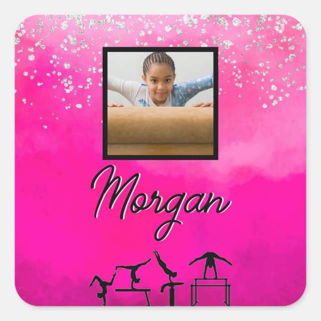 Gymnastics Pink, Silver, Glitter Custom Photo/Name Square Sticker (Front)