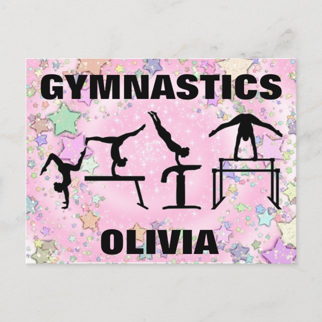 Gymnastics Pink Sparkle Swirls and Stars Postcard (Front)