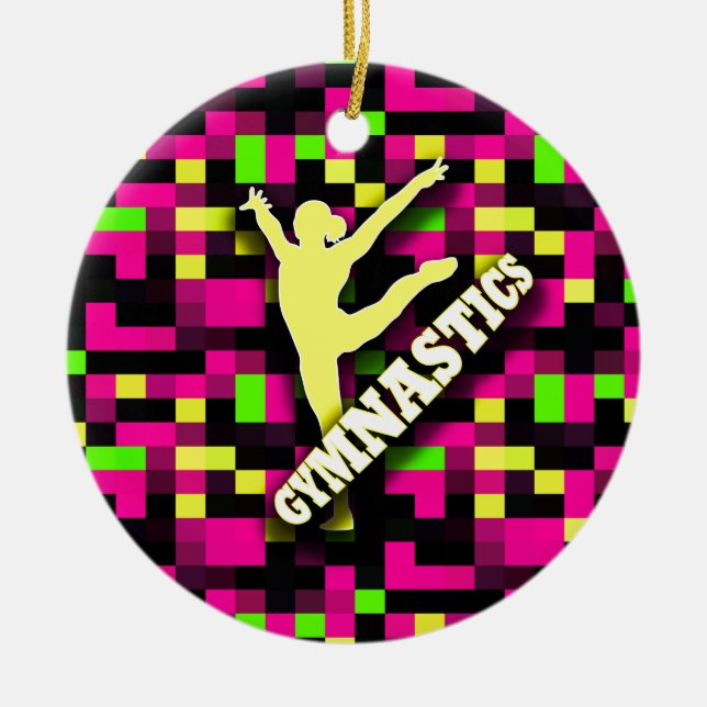 Gymnastics Pink Yellow Green Ceramic Ornament (Front)