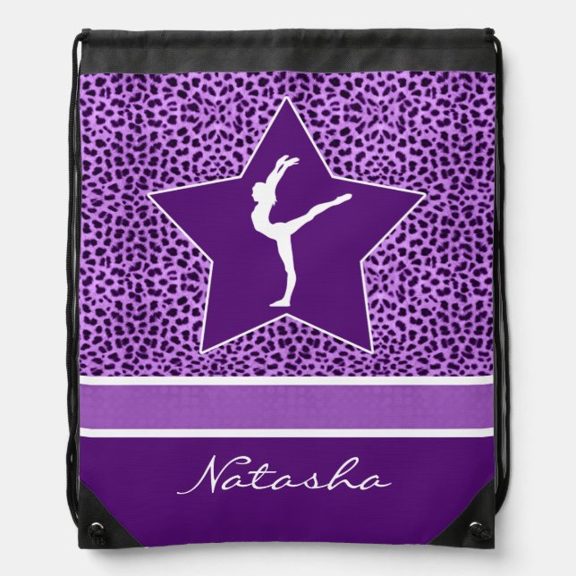 Gymnastics Purple Cheetah Print with Monogram Drawstring Bag (Front)