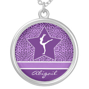 Gymnastics Purple Cheetah Print with Monogram Silver Plated Necklace
