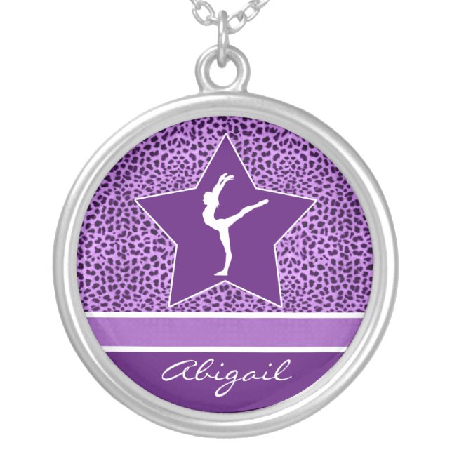Gymnastics Purple Cheetah Print with Monogram Silver Plated Necklace (Front)