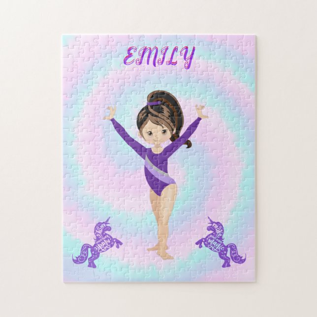 Gymnastics/ purple ponies/ swirls personalized  jigsaw puzzle (Vertical)