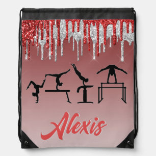 Gymnastics Red and Silver Glitter Drip Ombre      Drawstring Bag