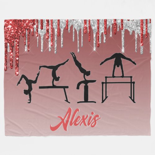 Gymnastics Red and Silver Glitter Drip Ombre Fleece Blanket