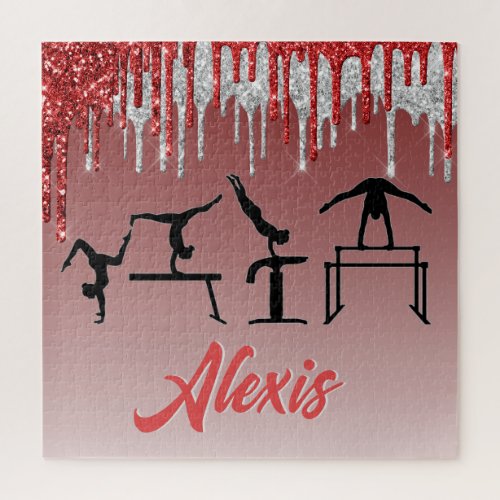 Gymnastics Red and Silver Glitter Drip Ombre    Jigsaw Puzzle