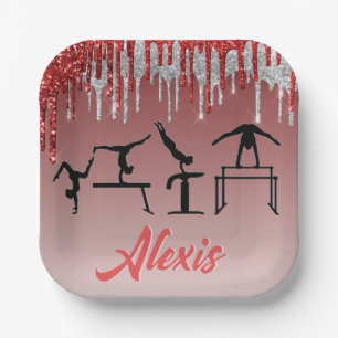 Gymnastics Red and Silver Glitter Drip Ombre Paper Plates