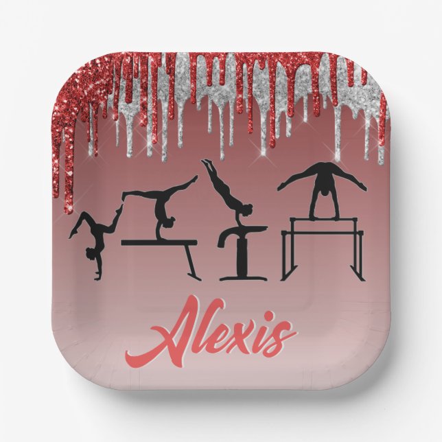Gymnastics Red and Silver Glitter Drip Ombre  Paper Plates (Front)