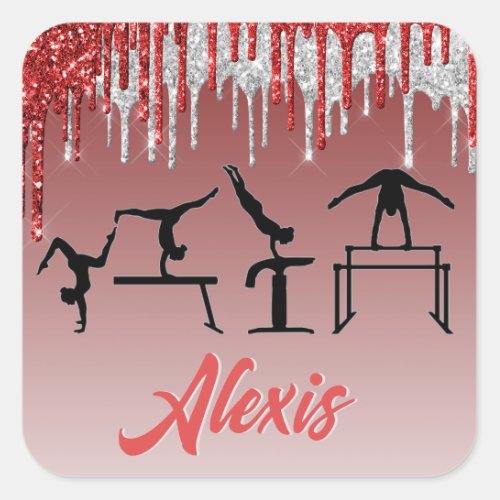 Gymnastics Red and Silver Glitter Drip Ombre     Square Sticker