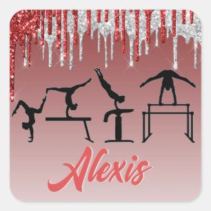 Gymnastics Red and Silver Glitter Drip Ombre Square Sticker