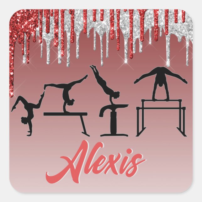 Gymnastics Red and Silver Glitter Drip Ombre     Square Sticker (Front)