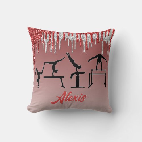 Gymnastics Red and Silver Glitter Drip Ombre   Throw Pillow