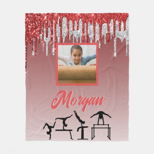 Gymnastics Red  Silver Glitter Drip Custom Photo  Fleece Blanket