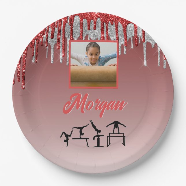 Gymnastics Red & Silver Glitter Drip Custom Photo  Paper Plates (Front)