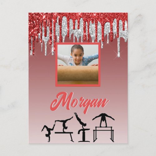 Gymnastics Red  Silver Glitter Drip Custom Photo  Postcard