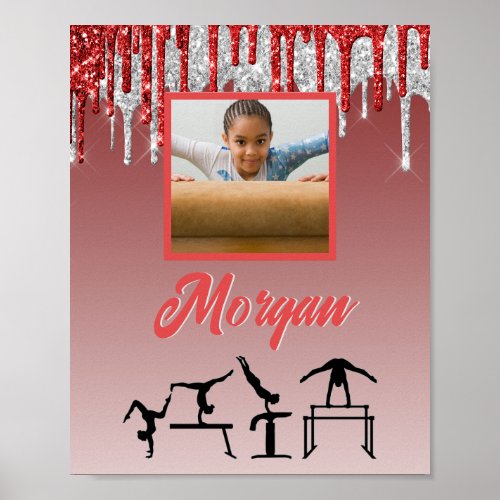 Gymnastics Red  Silver Glitter Drip Custom Photo  Poster