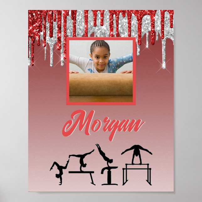 Gymnastics Red & Silver Glitter Drip Custom Photo  Poster (Front)