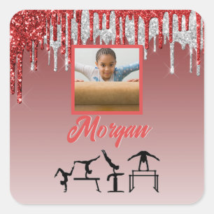 Gymnastics Red & Silver Glitter Drip Custom Photo Square Sticker