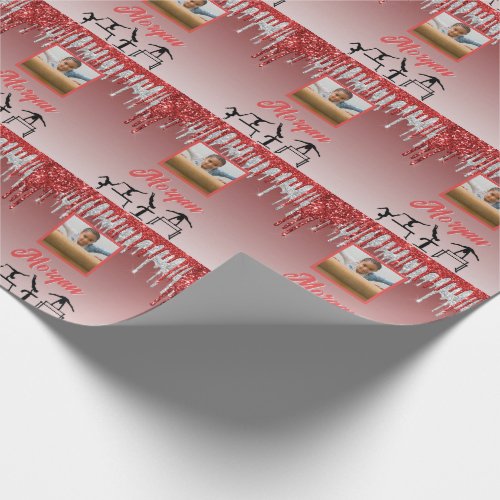 Gymnastics Red  Silver Glitter Drip Custom Photo  Wrapping Paper
