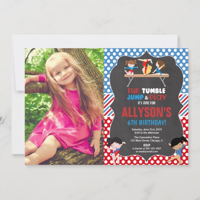 Gymnastics red white blue olympics birthday photo invitation (Front)