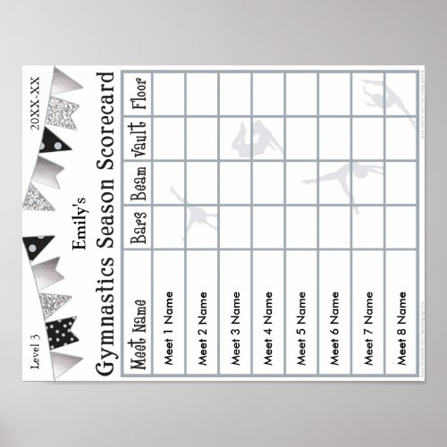 Gymnastics Season Scorecard Poster 8 SilverGlitter