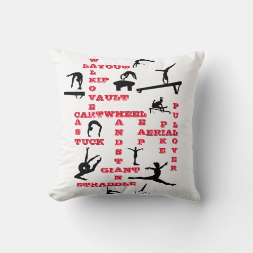 Gymnastics Skills Crosswords Throw Pillow w Name