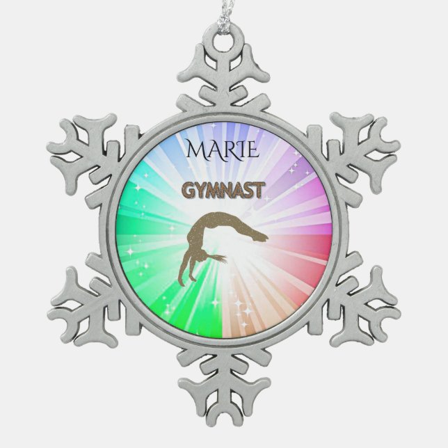 GYMNASTICS SNOWFLAKE TREE ORNAMENT. PEWTER CHRISTMAS ORNAMENT (Front)