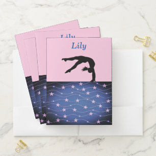 Gymnastics Stars Pink and Blue Personalized Pocket Folder